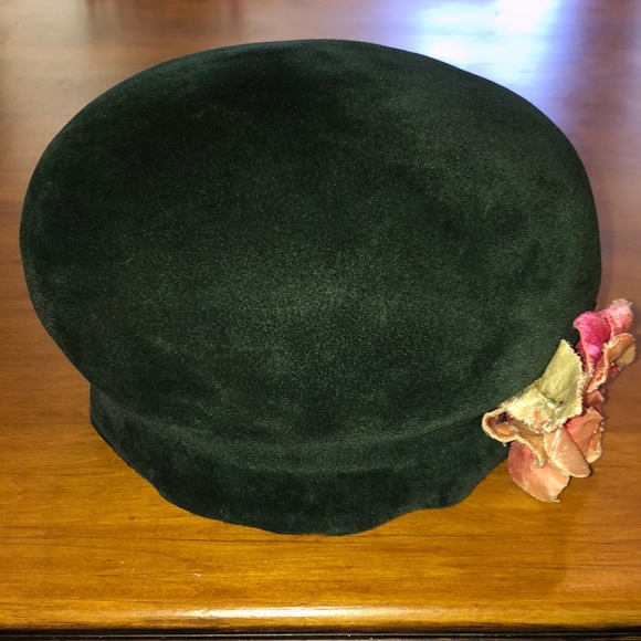 TOSCA Vintage Felt Bubble Hat Forest Green w/ Pink Velour Flower Made in Italy main image 8